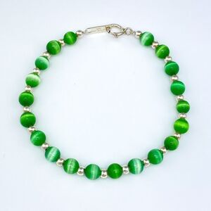 New Women's Sterling Silver 925 Green Synthetic Cat's Eye Beaded Bracelet 6.75"